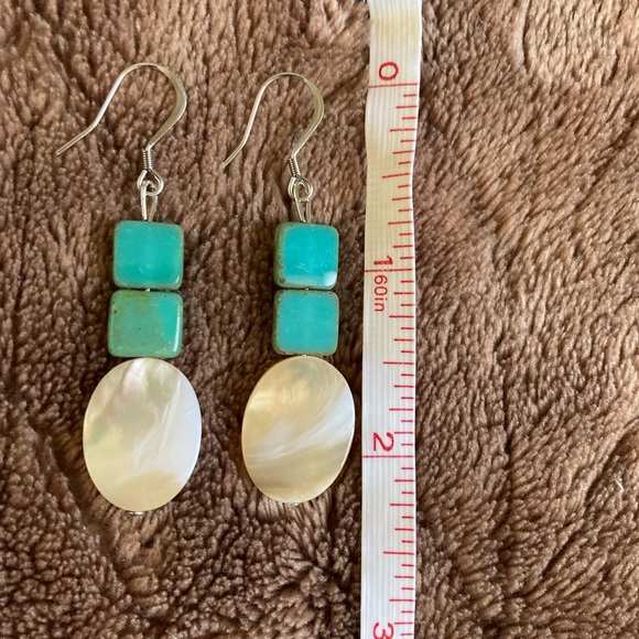 Bohemian Shell Style and Turquoise Colored Glass Earrings - Picture 4 of 5